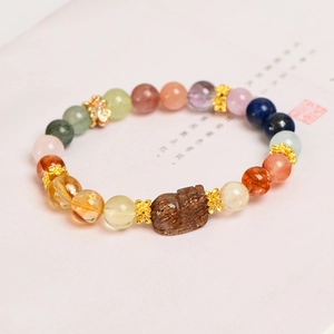 Bracelet en perles de cristal 8mm multicolores avec pendentif Pixiu en quartz brun