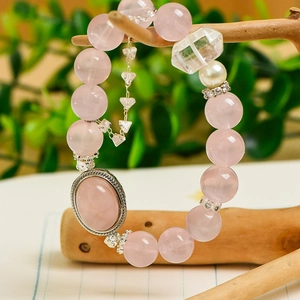 Bracelet Künstliche Perles Quartz Rose Cristal Roche Naturel Colonne Künstliche Perle Métal Argenté Charme Ovale Bijoux Vintage Cadeau Femmes