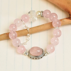 Bracelet en quartz rose naturel 11mm avec cristal blanc et pendentif fleur en argent