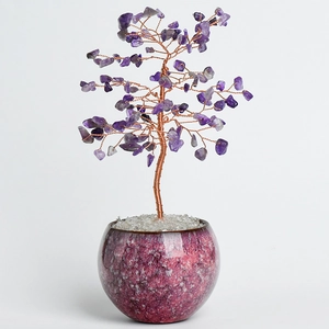 Árbol de la vida de amatista natural con hilo de cobre y base de cerámica