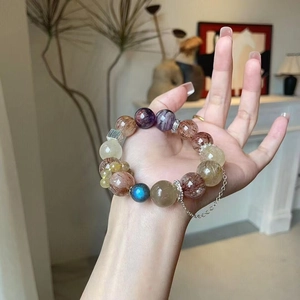 Natural Mixed Multi Crystal Round Bead Bracelet With Metal Spacers Fashion Retro Ethnic Jewelry For Women