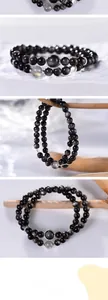 Macro view of double-layer 6mm silver obsidian beads and grey moonstone detail