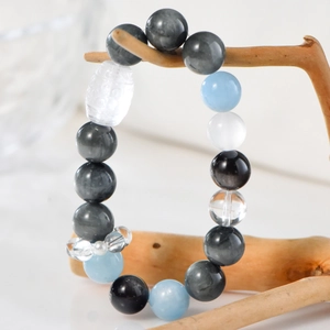 Natural 12mm silver obsidian bracelet with aquamarine and clear crystal barrel beads
