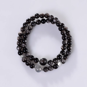 Double-wrap 6mm silver obsidian beaded bracelet with labradorite and metal accents