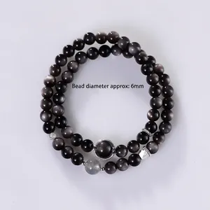 Double-layer 6mm black obsidian bead bracelet with grey moonstone and silver accents