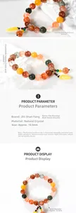 Macro detail of 10.5mm multi-gemstone bracelet with natural crystal beads and leaf charm