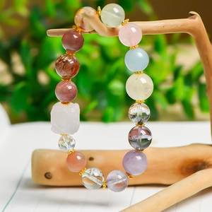Natural 9mm multi-gemstone strawberry quartz bracelet with crystal sugar cube bead charm