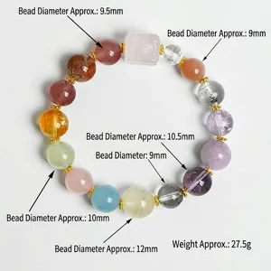 Handmade strawberry quartz bracelet with multi-color 9mm round beads and sugar cube charm
