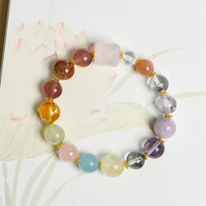 Rainbow crystal bead bracelet with 9mm strawberry quartz and pink sugar cube charm