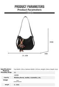 Detailed product parameters of black PU leather saddle bag with size chart and dimensions