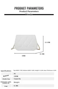 Detailed size chart for white quilted crossbody bag with golden chain and PU fabric texture