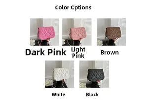 Collage of quilted square bags in five colors with golden chain straps and PU texture