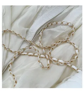 Detail view of the gold chain shoulder strap with woven white leather through the links