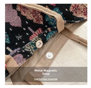 Gros plan détaillé du fermoir magnétique en métal sur un sac cabas en tissu tissé