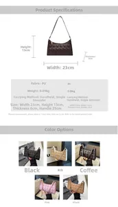 Detail view of small pleated PU leather underarm bag with dimensions and color options