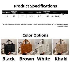 Detailed size specifications and color options for the quilted PU leather handbag