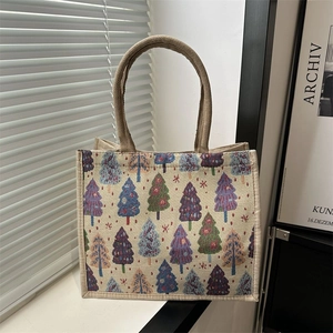 Sac Fourre-tout en Tricot Jacquard Sapin de Noël pour Femmes Sac à Main en Lin Grande Capacité pour Vacances