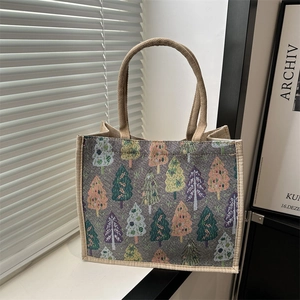Sac fourre-tout en jacquard à motif forêt colorée pour femme, grand format élégant