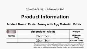 Detailed size chart for Easter rabbit doll decorations showing dimensions and fabric specs