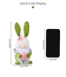 Easter gnome plush toy size display showing 22cm height with a green hat and pink egg