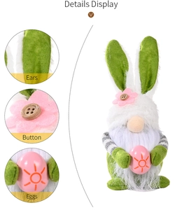 Detail display of Easter bunny gnome with pink ears, wooden button, and decorative egg