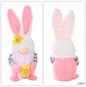 Front and back detail of Easter gnome plush with pink ears and striped sleeves decoration