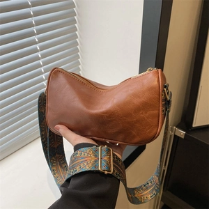 Damen Schultertasche Kunstleder Vintage Ethno Breiter Bestickter Gurt Umhängetasche Kleine Handtasche Mode Alltagsmatch