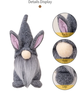Detail display of gray Easter gnome showing felt ears, plush nose and long fiber beard