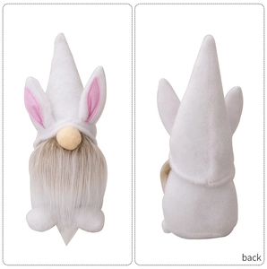 Detailed front and back views of a white Easter gnome plush with cute rabbit ears