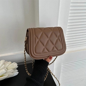 Brown quilted leather crossbody bag with gold chain strap for women, stylish square design