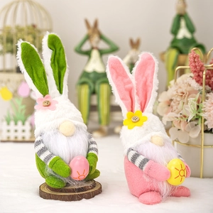 Easter bunny gnome plush with pink ears and floral hat for festive home desktop decoration