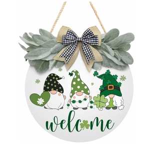 St Patrick's Day Wooden Welcome Sign Round Door Hanging Gnome Shamrock Plaid Bow Artificial Leaves Home Decor