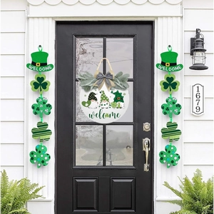 St. Patrick's Day welcome door sign set with green gnomes and shamrock porch banners