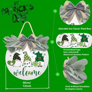 Close-up of St. Patrick's Day welcome sign showing plaid bow and gnome details