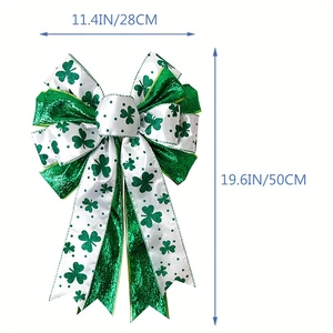 Detailed size chart of St. Patrick's Day green clover bow 11.4x19.6 inches