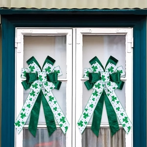 Detail of St. Patrick's Day bows with green shamrock prints on white ribbons