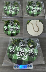 Detailed views of St. Patrick's Day wooden door sign with size and weight measurements