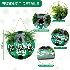 Saint Patrick's Day wooden welcome sign with realistic plants and plaid bow decoration