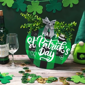 St Patrick's Day Wooden Door Hanger Green Buffalo Plaid Welcome Sign Round Wreath With Artificial Eucalyptus Leaves Bow Irish Festival Wall Decor