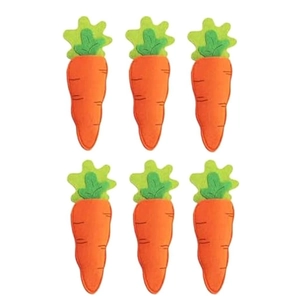 Detail view of orange carrot-shaped cutlery holders showing felt texture and stitching
