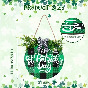 Detailed view of 11-inch St. Patrick's Day wood door sign with buffalo plaid and thickness info