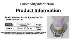 Detailed dimensions and weight display for Easter bunny ear tin candy box