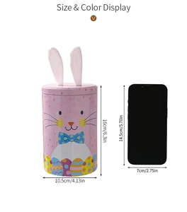 Detailed view of pink Easter bunny tin canister next to a phone for size comparison