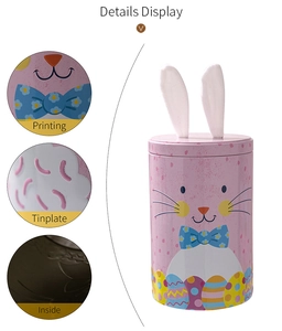 Close-up of pink Easter bunny tinplate box showing detailed printing and inner coating