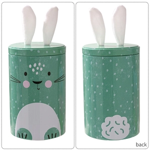 Detail view showing front and back of a mint green bunny tin with plush ears