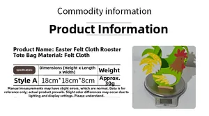 Size specifications and macro view of felt Easter rooster candy basket on scale