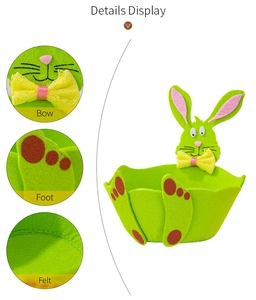 Detailed views of Easter bunny felt basket showing bow, foot print and thick fabric texture