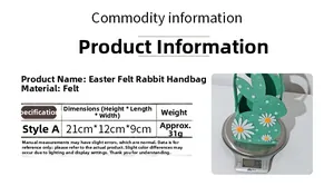 Detailed size and 31g weight chart of the green felt Easter rabbit gift handbag