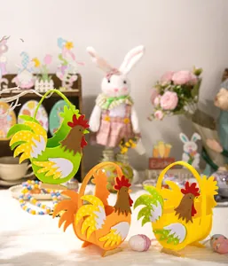 Detailed view of colorful felt Easter rooster baskets in green, orange, and yellow hues