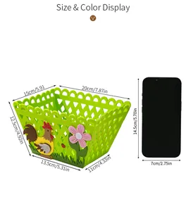 Size chart showing green felt Easter basket dimensions with mobile phone comparison
